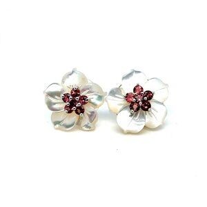 14K Gold Mother of Pearl/Rubies Flower Stud